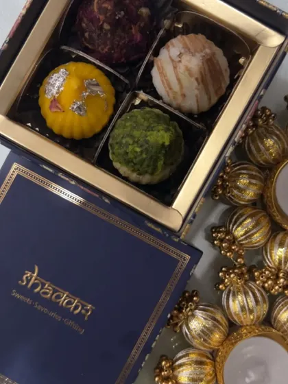 A box of assorted artisanal modaks, a delicious and traditional part of my Ganesh Chaturthi offerings.