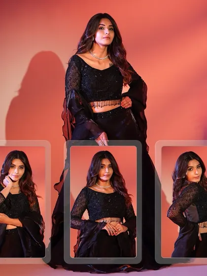 A collage of the classic black lehenga, showcasing its versatility and timeless appeal. The dramatic sleeves and subtle sparkle make it a wardrobe essential you can rent.