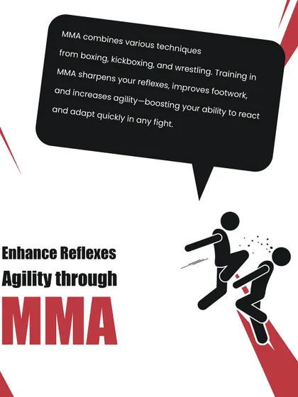 This graphic explains how training in Mixed Martial Arts (MMA) enhances reflexes and agility by combining techniques from boxing, kickboxing, and wrestling.
