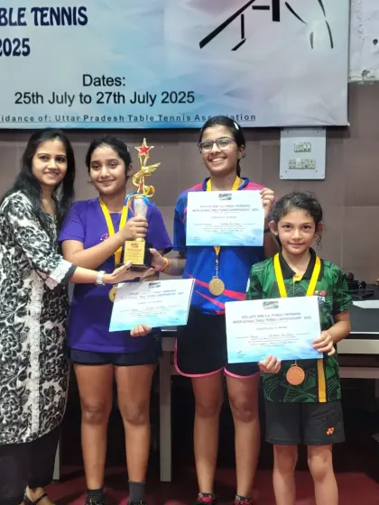 Our young champions at the Gautam Buddha Nagar Interschool Championship. Akanksha Singhal and Yashmita Narayan celebrate their wins, showcasing the bright future of our academy.