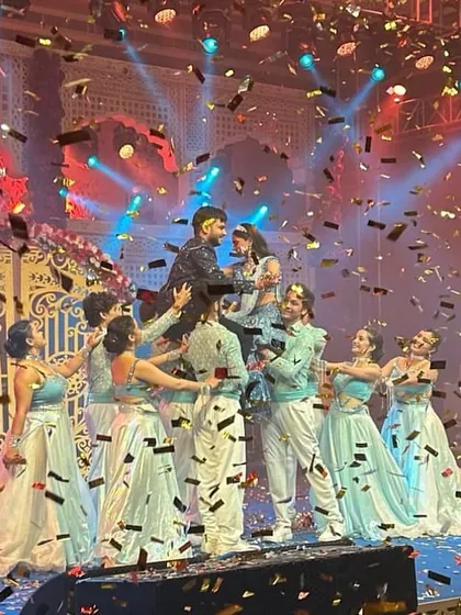 A magical moment from a Sangeet at the Rambagh Palace. The final lift under a shower of confetti was the perfect end to a beautiful couple's performance.