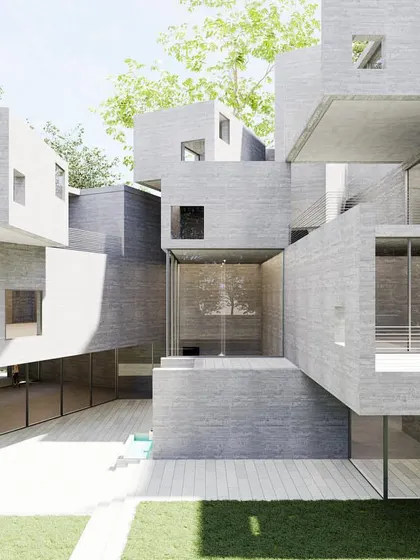 An alternate view of the 'Tetris' house visualization. This perspective shows the complex arrangement of stacked and projecting volumes that create a series of terraces and courtyards.