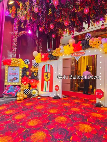 A wider shot of the Ferrari party entrance, showing how the decor transforms the venue's entryway.