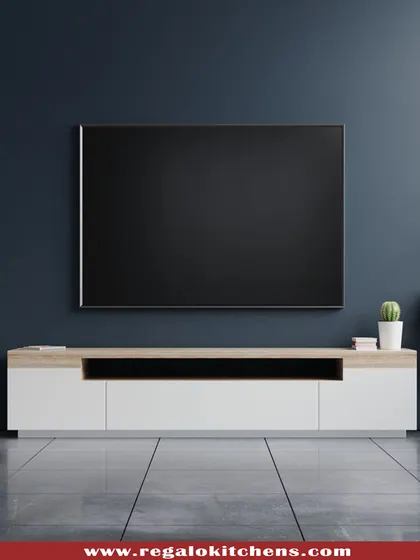 A minimalist TV console in white and light oak. Its simple, low-profile design is perfect for modern living spaces where less is more.