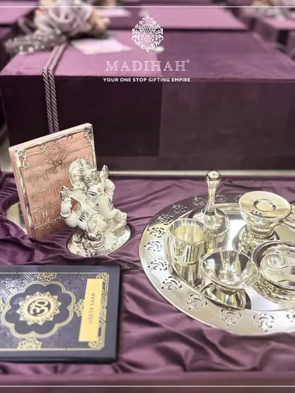 A complete view of the Pooja Auspicious Hamper, with all its divine elements beautifully arranged inside the deep purple velvet box. It's a gift of blessed beginnings.