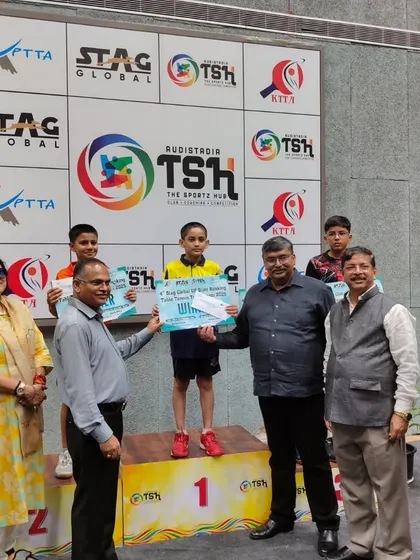 Aryaveer Borah stands proudly on the number one podium after winning the U-11 Boys title at the 4th UP State Ranking Tournament.