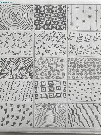 A student's exercise in creating different texture patterns. This helps in designing prints and understanding how to render them in illustrations.