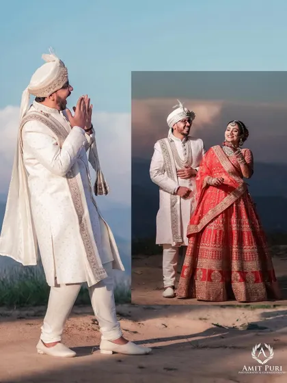 A playful and candid moment from a mountain wedding shoot. The groom's joyful reaction to his beautiful bride makes for a heartwarming and authentic portrait.