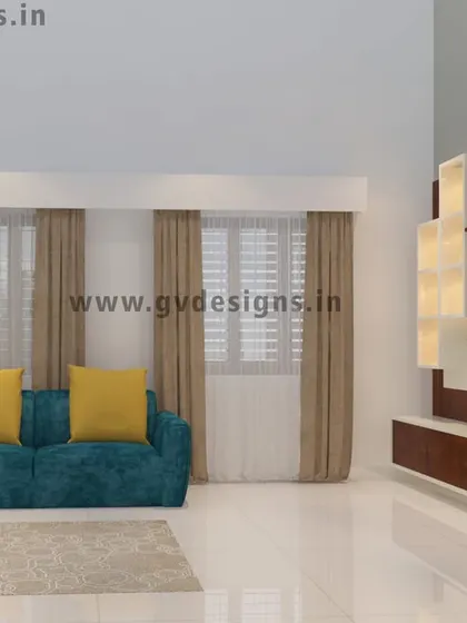 This TV unit includes a showcase section with warm internal lighting, perfect for displaying artifacts. The design is part of a larger living area that includes a simple yet effective partition to separate the living and dining spaces.
