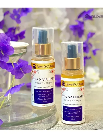 Two bottles of Ava Naturals Luxury Cologne are elegantly displayed amongst purple flowers, emphasizing the product's natural and beautiful essence.