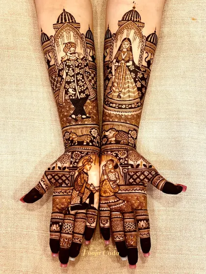 A stunning design for a childhood friend, featuring regal portraits of the bride and groom in traditional attire.