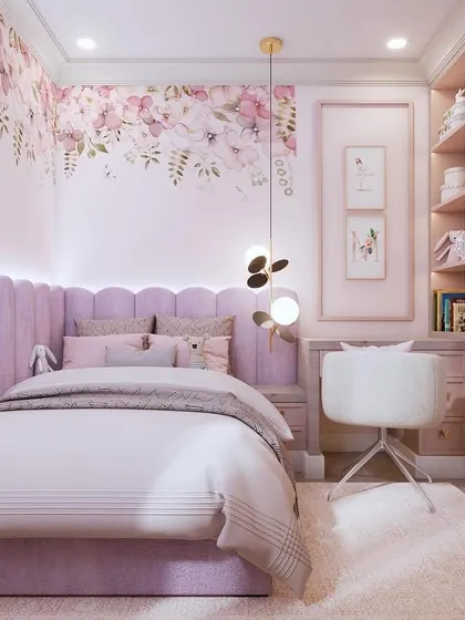 For this child's bedroom, we painted a soft, cascading floral mural that flows from the corner. This whimsical design creates a dreamy and enchanting atmosphere, personalized for a magical space.