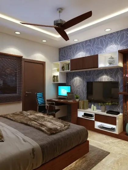 This bedroom design features a multi-functional wall unit that includes a TV space, study desk, and display shelves. The use of wood and a patterned accent wall adds warmth and character.