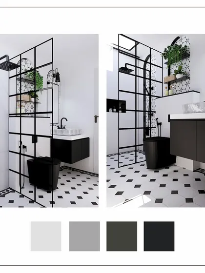 The final render of the monochrome bathroom, demonstrating the striking contrast of black and white and the use of different tile patterns.