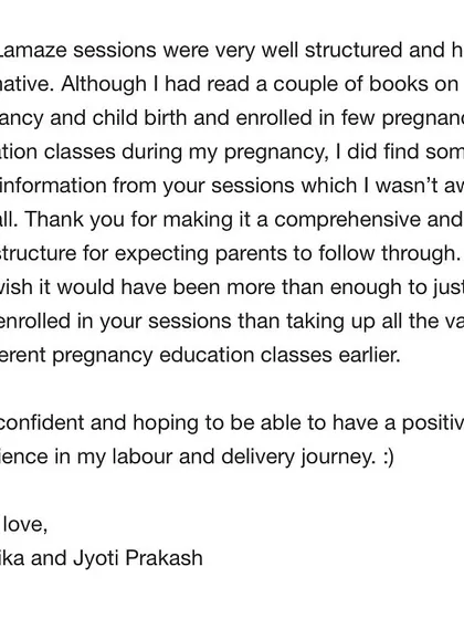 A client expresses how my comprehensive Lamaze sessions provided all the necessary information in one place, making other pregnancy classes feel redundant.