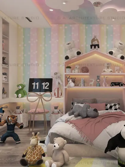 A 3D render for a little girl's room, designed with a pastel rainbow theme, a house-shaped bed frame, and plenty of space for her favorite toys.
