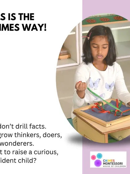 This is the Chimes way. A child engages with a dressing frame, learning the practical skill of weaving and developing the concentration needed for more complex tasks.