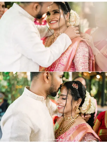 A diptych of tender moments: the groom adjusting the bride's necklace and a sweet forehead kiss.