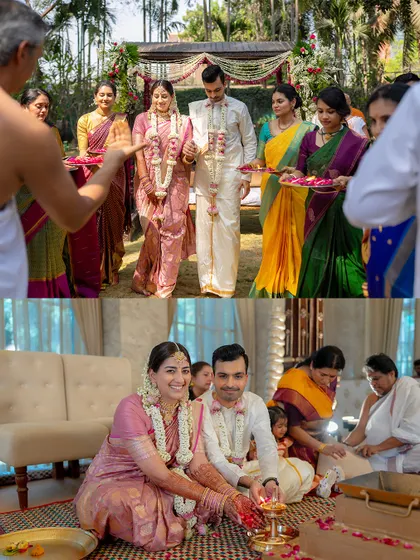 These ceremony shots highlight how the saree looks both while standing and sitting. The drape is consistent and neat, ensuring the bride looks her best throughout the entire wedding ritual.