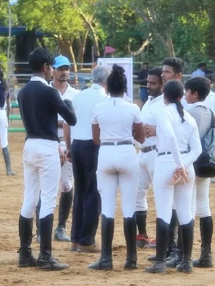 Another shot of my team huddle at the Auroville Horse Show. Clear communication and teamwork are essential for a successful competition.