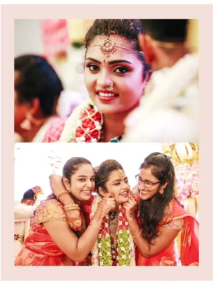 A collage featuring a beautiful close-up of the bride and a fun moment with her bridesmaids, showcasing the love and support surrounding her.