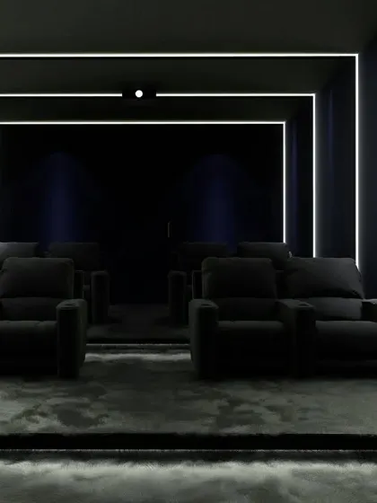 A modern design using deep blue walls and clean, white LED outlines to create a striking, high-contrast look.