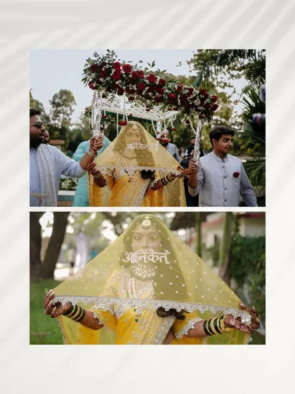 A diptych capturing the bride's grand entrance. One shot shows her under the phoolon ki chadar, and the other is a close-up of her veil, which has her groom's name embroidered on it, a beautiful personal detail.