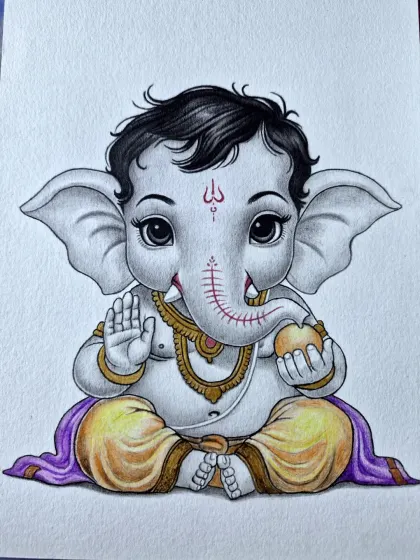 Here is my drawing of Bal Ganesha, capturing his innocent and gentle nature. I used pencil for the shading and added soft color to his dhoti and the ladoo in his hand, bringing a warm and playful feel to the sketch.
