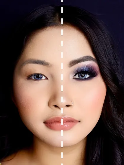 The power of makeup. A half-face transformation showing how the right technique can lift and define the eyes.