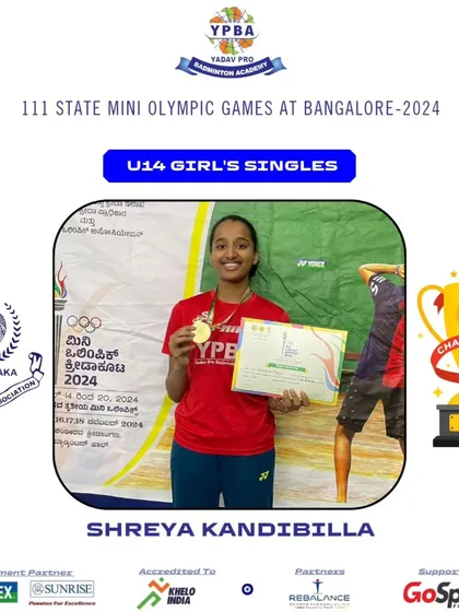 Shreya Kandibilla winning the Gold medal in U14 Girl's Singles at the State Mini Olympic Games in Bangalore.