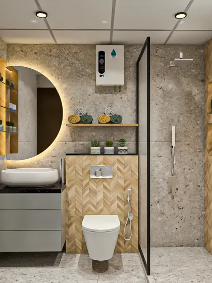 This bathroom design mixes textures beautifully, with herringbone wood-patterned tiles, concrete-finish walls, and a round backlit mirror. Built-in, illuminated niches provide stylish storage.