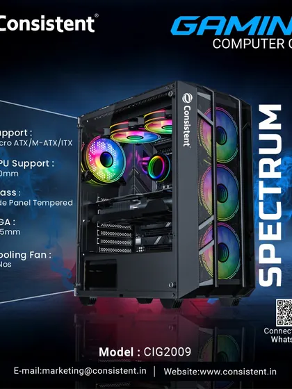 Build a vibrant rig with the Spectrum gaming computer case. It comes with six pre-installed fixed-color fans, a tempered glass side panel, and supports ATX motherboards, providing a solid and stylish base for any gaming setup.