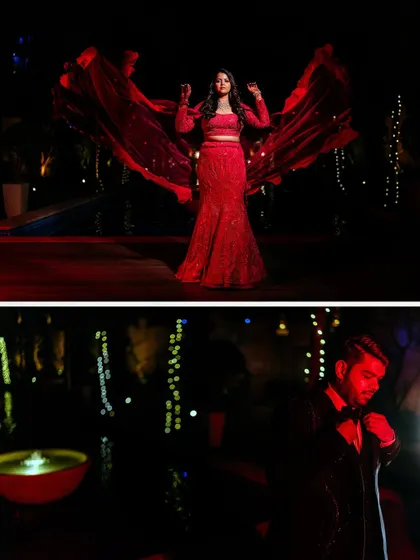 Stylish solo portraits of the bride and groom in their glamorous Sangeet outfits, captured with dramatic, low-key lighting.