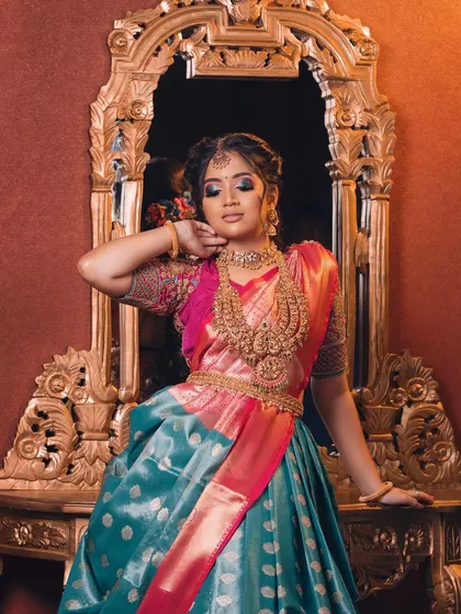 This teal and pink half saree is one of the most loved pieces in my collection. The color combination is so unique and photographs beautifully.