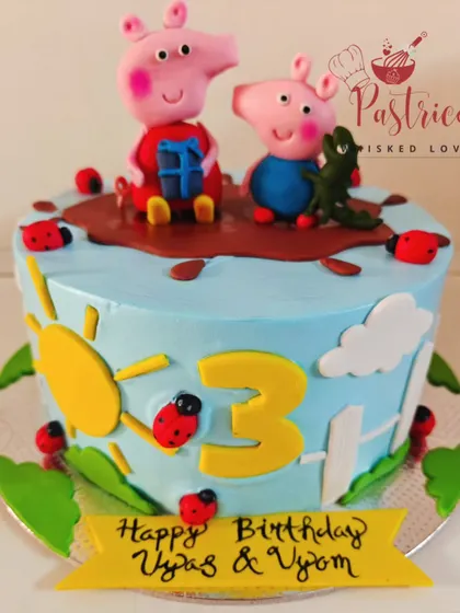 A playful Peppa Pig cake showing Peppa and George jumping in a muddy puddle, perfect for a fun-loving three-year-old's birthday.