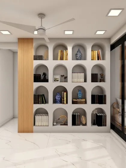 A stunning home library with floor-to-ceiling arched bookshelves, creating a grand and classic look. This design is perfect for showcasing a large book collection.