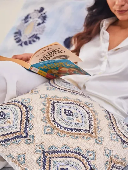 Embrace the calming embrace of blue. My Indigo collection of bedcovers and cushions, shown here in a relaxing lifestyle shot, is designed to wrap you in softness and turn rest into pure bliss.