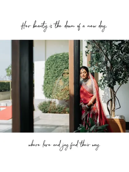 "Her beauty is the dawn of a new day." A poetic portrait of the bride, her elegance framed by the natural greenery and architecture of the venue.