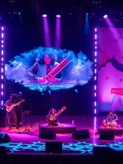 A full stage view of our performance at the Mahindra Percussion Festival. The lighting and visuals added another layer to our musical exploration.