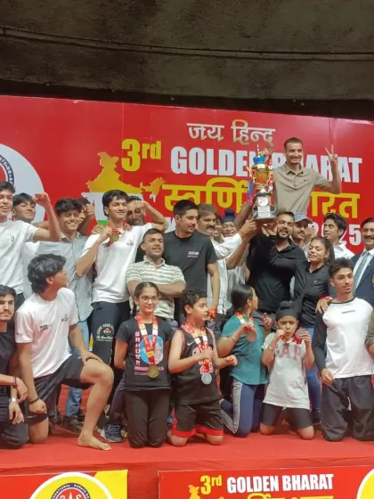 The whole team celebrating a victory at the 3rd Golden Bharat Kickboxing Cup. We win as a team and we celebrate as a team.