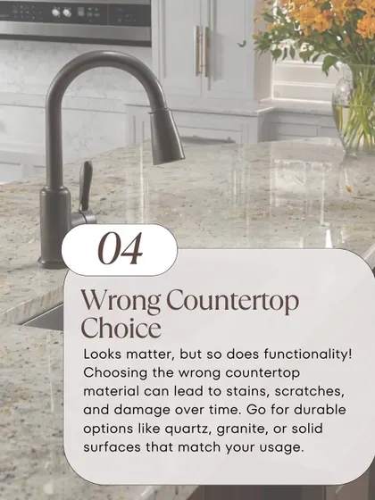 Choosing the wrong countertop material can lead to stains and scratches. We help you select durable options like quartz or granite that match your usage and style.