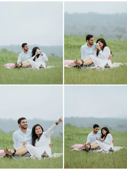 A four-panel grid of a picnic scene, showing the couple sharing drinks and pointing out things in the distance, capturing their easy interaction.
