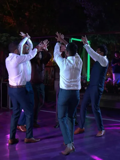 The groom's squad strikes a pose, showing off their coordination and team spirit.