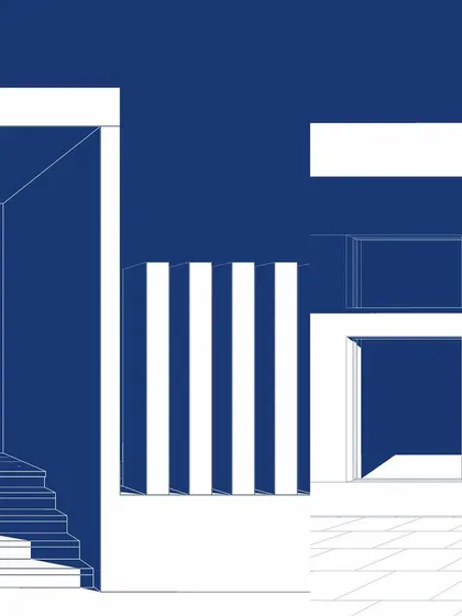 A composite of several blueprint-style illustrations from the Blue Sea project, showing different architectural moments.