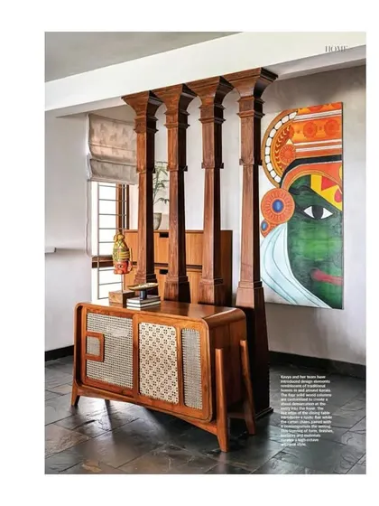 A glimpse into our "Meadows in the Sun" project, where we incorporated traditional South Indian architectural elements like these wooden pillars to partition the living and dining areas. The custom console reflects this blend of modern and vernacular design.