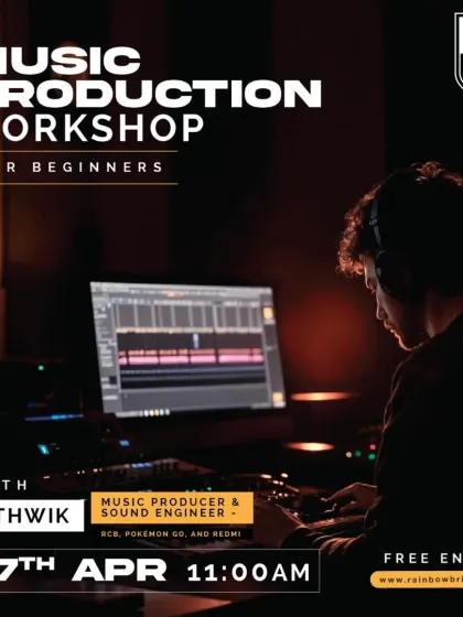 The poster for our Music Production workshop for beginners, a free session to make music creation approachable and fun.