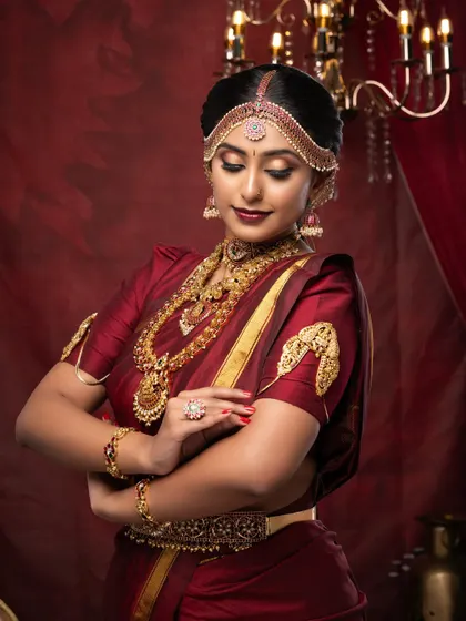 A beautiful profile shot emphasizing the elegant hair bun, jewelry, and the soft glow of the skin.