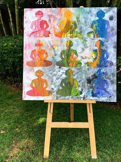 Another artwork created for the Kundalpur Kala Utsav. This piece explores the Jain concept of the five steps to salvation, or panch-kalyanak, through colorful, meditative figures.
