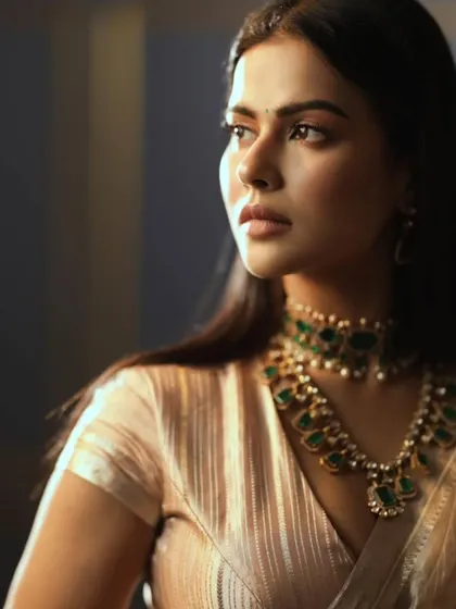 A close-up shot showcasing the beautiful fit of the custom blouse I created for actress Dhanya Ramkumar.