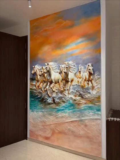 The full view of the 7 horses mural installed in a hallway. The piece is designed to be viewed from a distance, drawing you in with its scale and detailed composition.